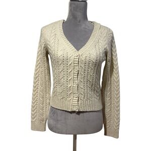 American Eagle Cardigan Sweater Sz SM Cable Knit Soft Girl Scandi Parisian Cream